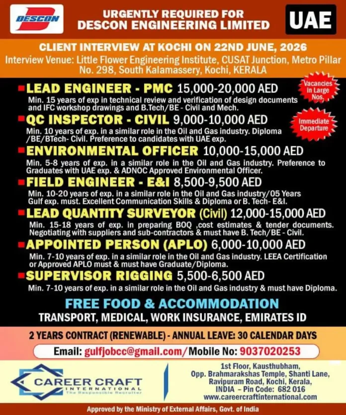 Descon Engineering UAE jobs 2026 walk-in interview Kochi