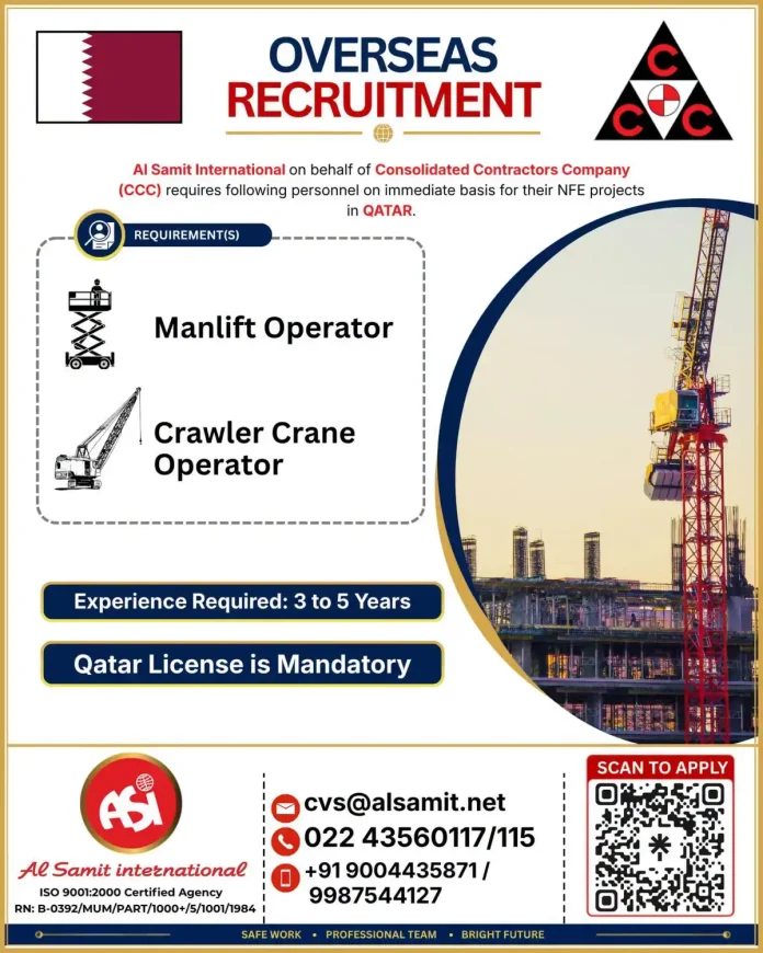 CCC Qatar recruitment for Manlift and Crawler Crane Operators