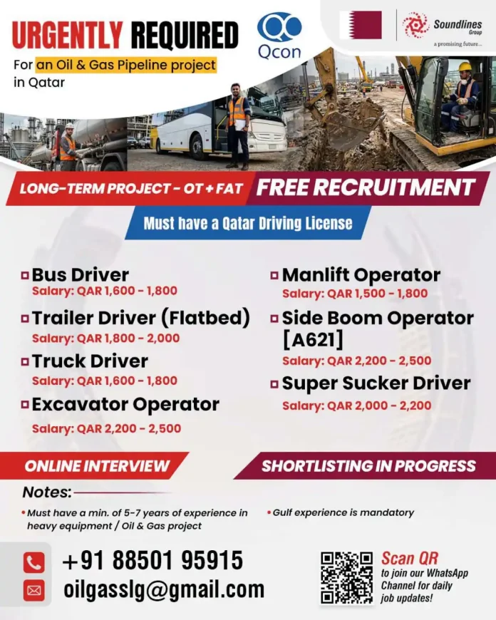 Recruitment for Oil and Gas pipeline project in Qatar heavy equipment operators