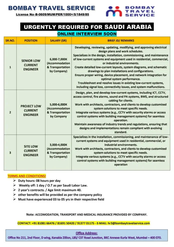 Low Current Engineer jobs Saudi Arabia