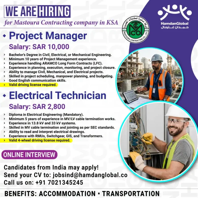 Mastoura Contracting hiring Project Manager and Electrical Technician