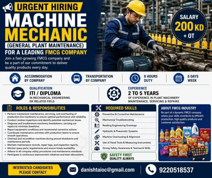 Machine Mechanic working on plant machinery in FMCG industry