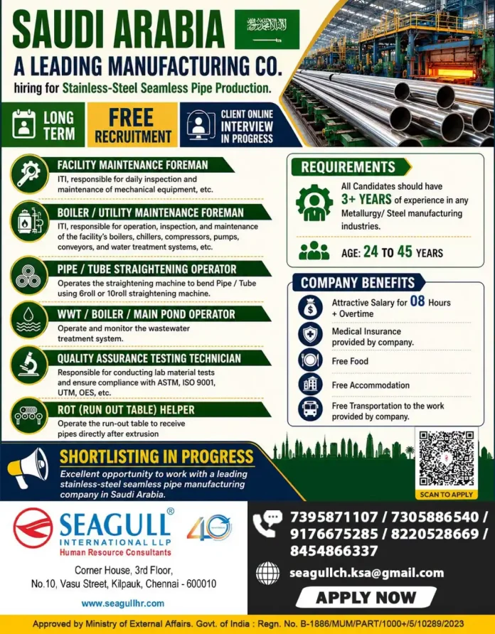 Stainless steel seamless pipe manufacturing jobs in Saudi Arabia