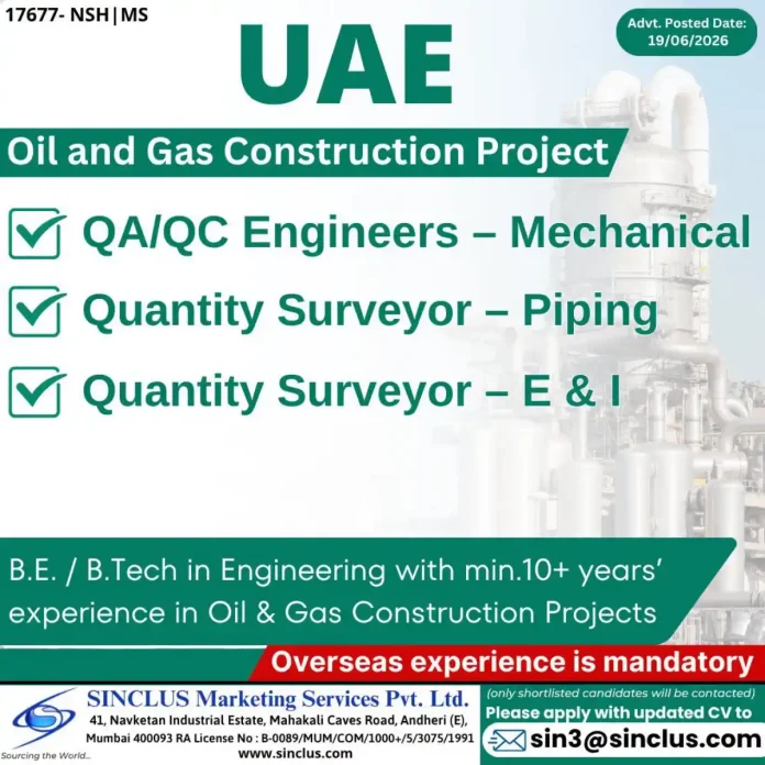 Job posting for QA/QC Engineers and Quantity Surveyors in UAE Oil and Gas