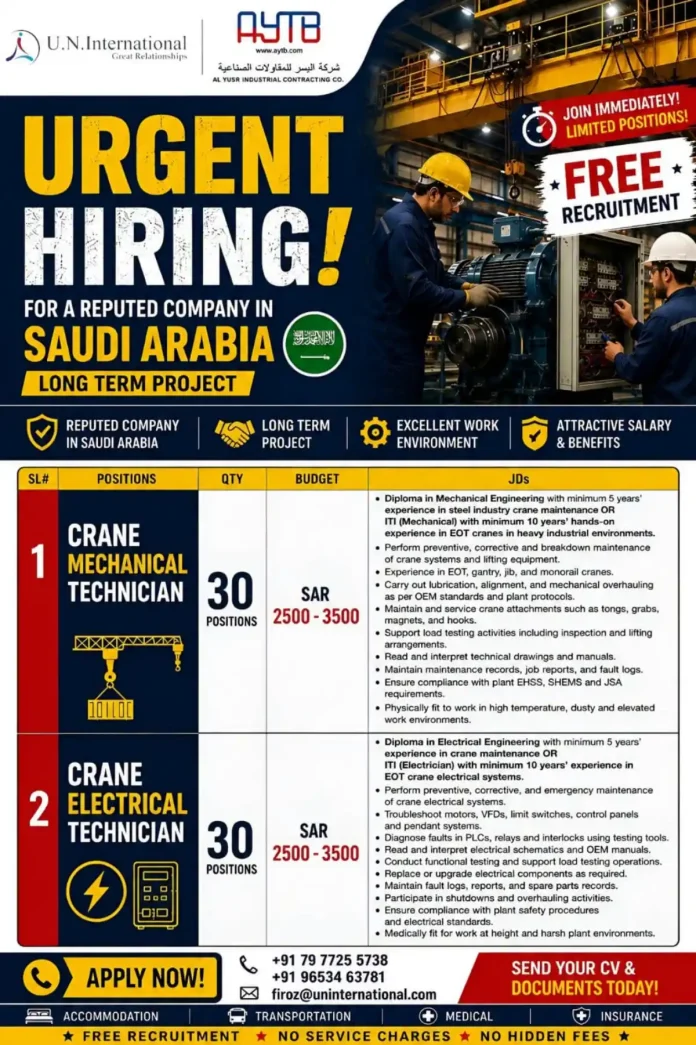 Crane technicians working on industrial crane in Saudi Arabia