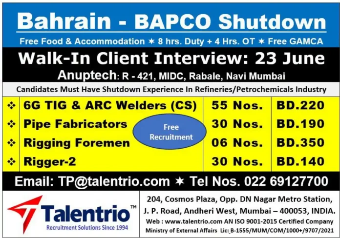 BAPCO Shutdown Walk-In Interview at Talentrio Navi Mumbai