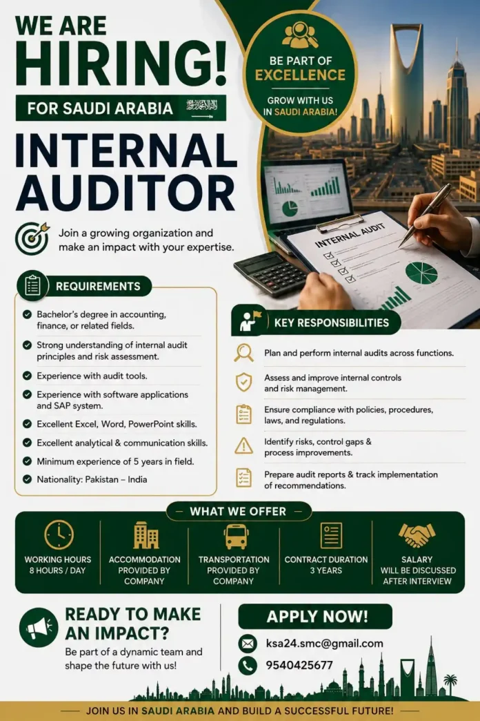 Internal Auditor job vacancy in Saudi Arabia for Pakistani and Indian nationals