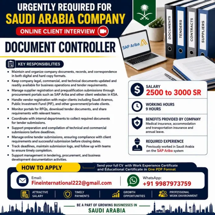 Document Controller job in Saudi Arabia with SAP Ariba experience online interview