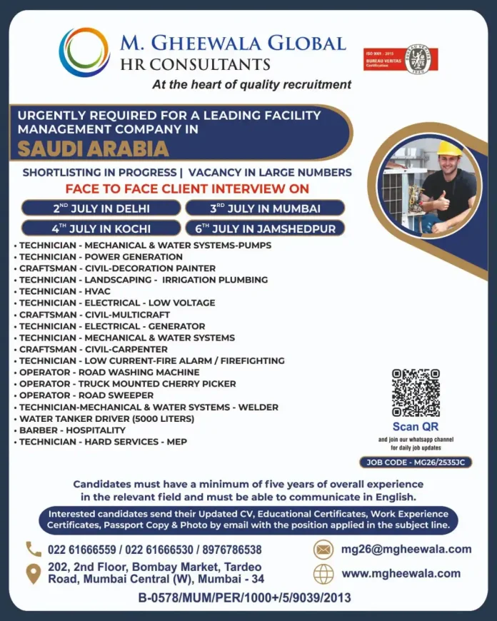 M. Gheewala Global HR Consultants job advertisement for facility management positions in Saudi Arabia with interview dates