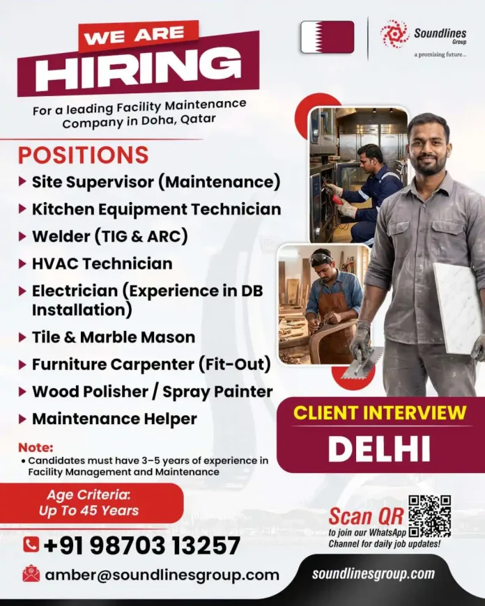 Job vacancies flyer for facility maintenance positions in Doha Qatar by Soundlines Group with contact details