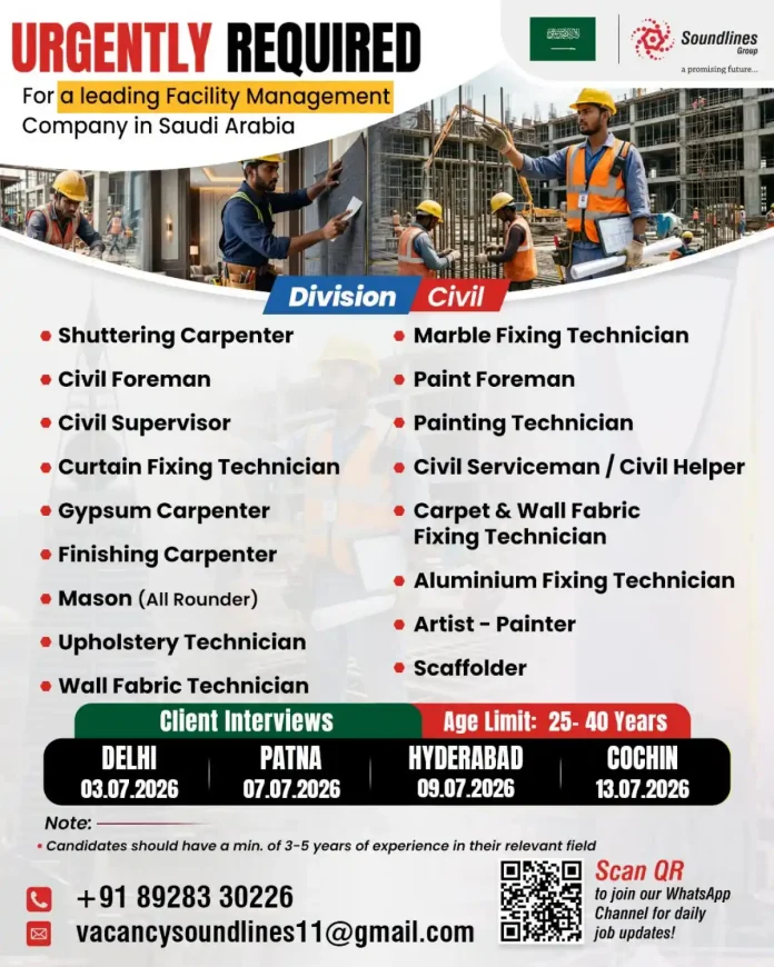 Soundlines Group recruitment poster for facility management jobs in Saudi Arabia