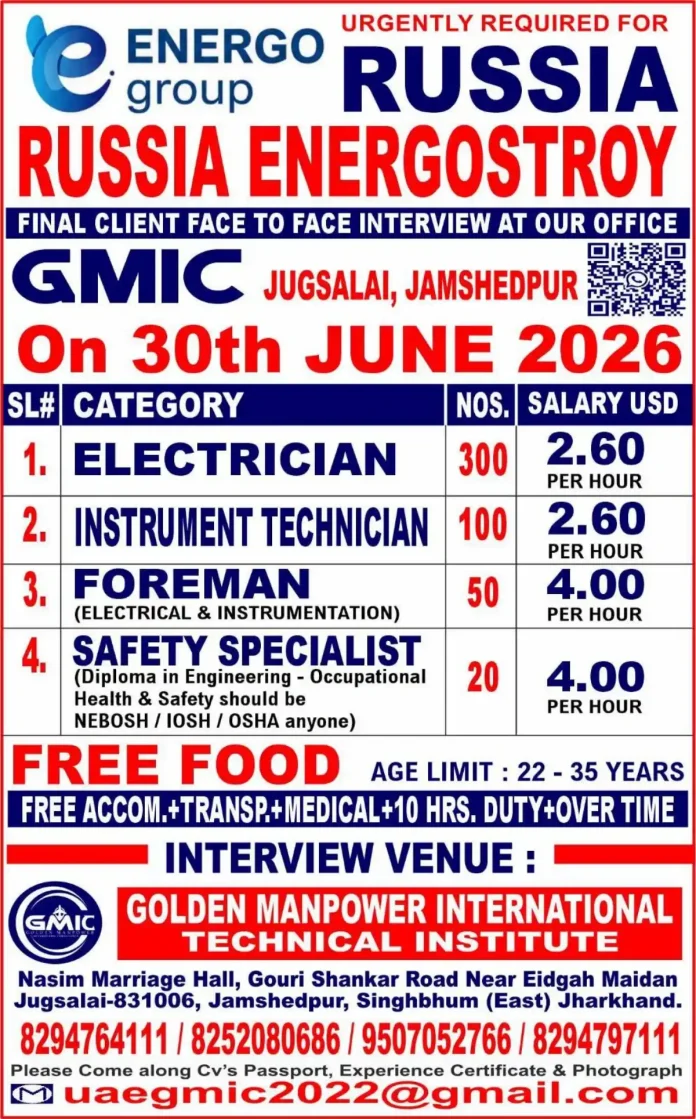 Job fair flyer for Russia Energostroy positions by Golden Manpower International