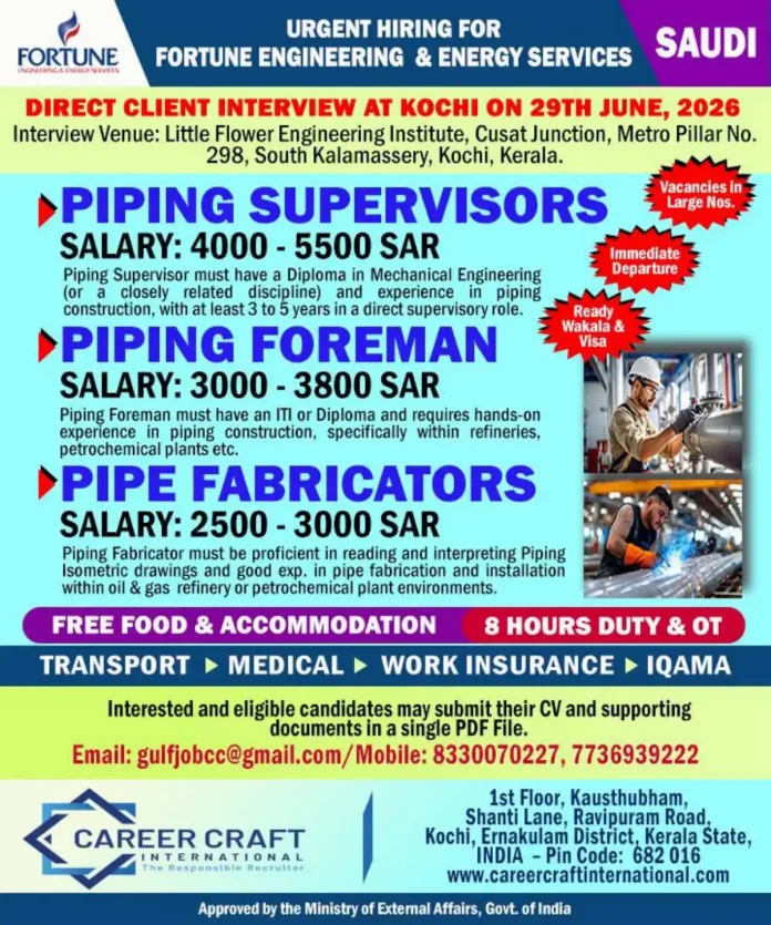 Fortune Engineering & Energy Services Saudi piping jobs