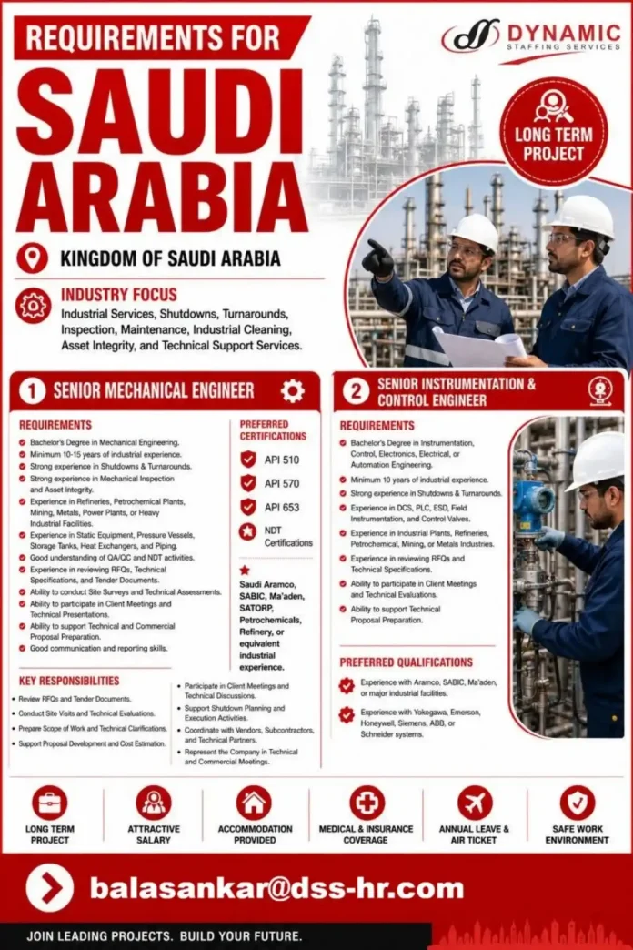 Senior Mechanical Engineer inspecting equipment in an industrial plant in Saudi Arabia