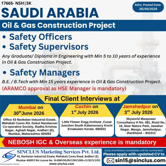Safety Officer jobs in Saudi Arabia for Oil and Gas construction project
