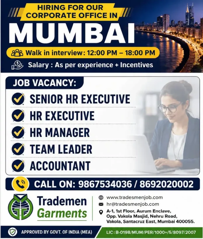 Walk-in interview for HR and Accountant jobs in Mumbai at Santacruz East