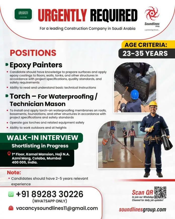 Epoxy painters and waterproofing technicians for Saudi Arabia construction jobs