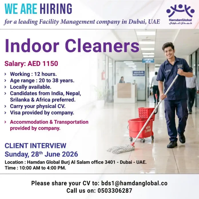 Indoor Cleaner Job Vacancy Dubai Walk-in Interview