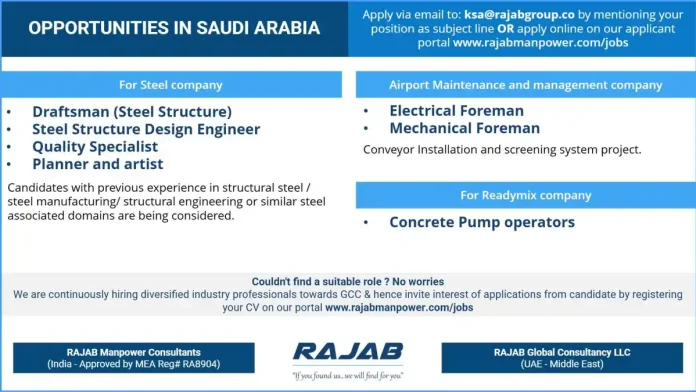 Job opportunities Saudi Arabia steel company airport maintenance readymix