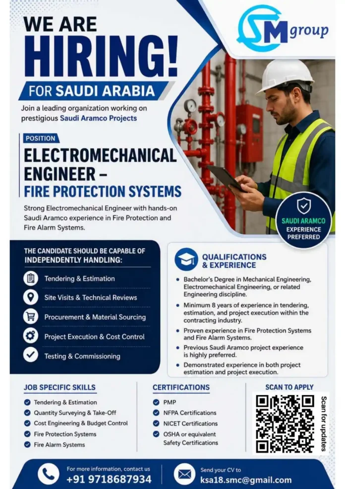 Electromechanical Engineer working on fire protection systems for Saudi Aramco projects
