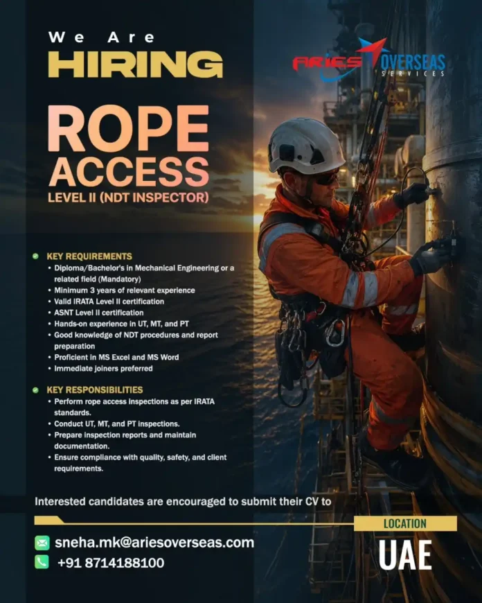 Rope Access Level II NDT Inspector job opening at Fries Overseas Services