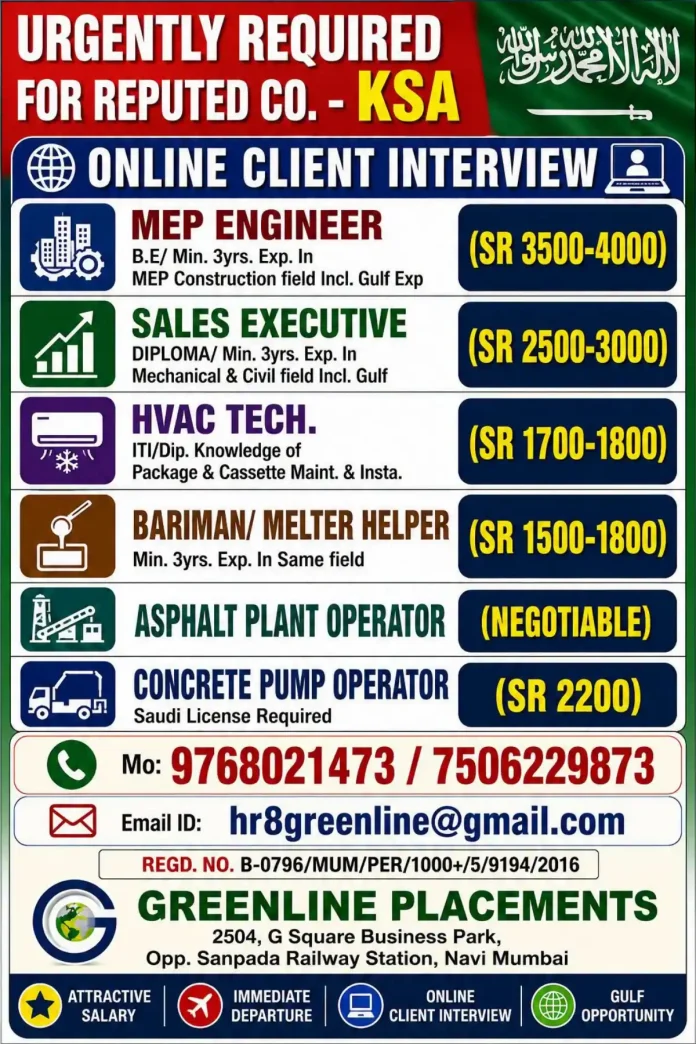 KSA job opportunities MEP Engineer HVAC Technician Sales Executive