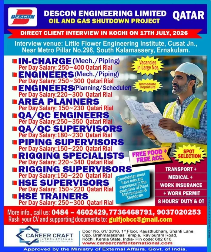 Qatar oil and gas shutdown project job interview kochi 2026
