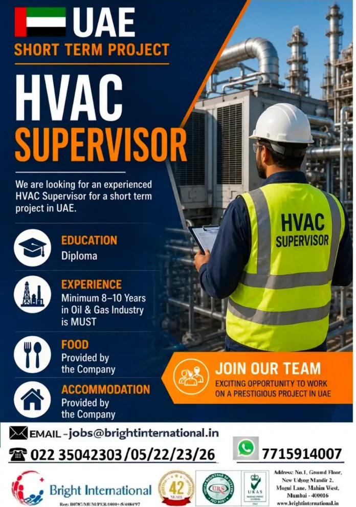 HVAC Supervisor job vacancy in UAE