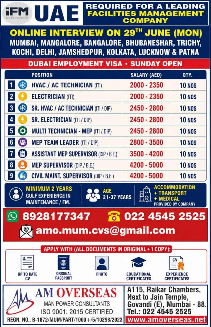 Facilities Management jobs in Dubai with online interview