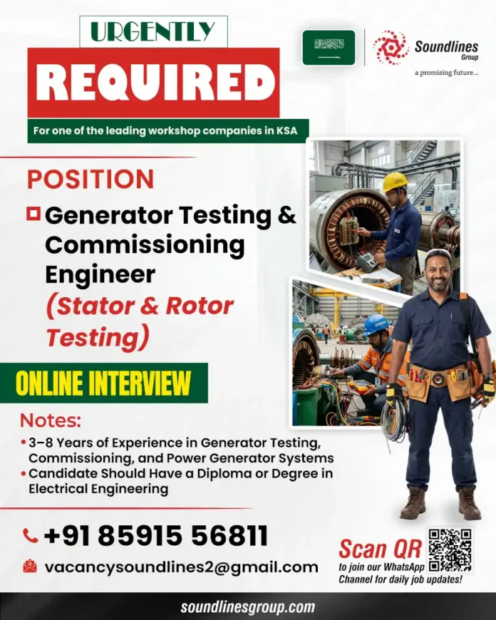 Generator Testing and Commissioning Engineer job at Soundlines Group KSA