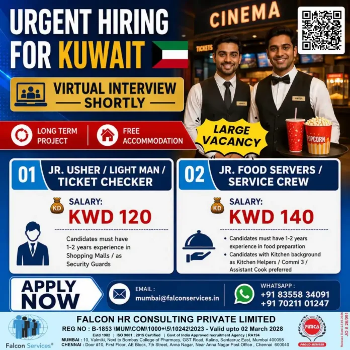 Falcon Services urgent hiring for Kuwait usher and waiter jobs