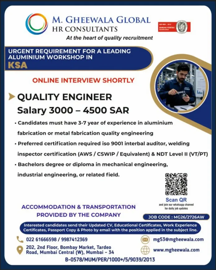 Quality Engineer job KSA aluminium workshop M. GHEEWALA