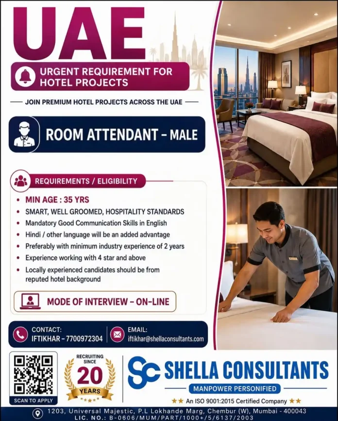 Room Attendant job vacancy in UAE hotels