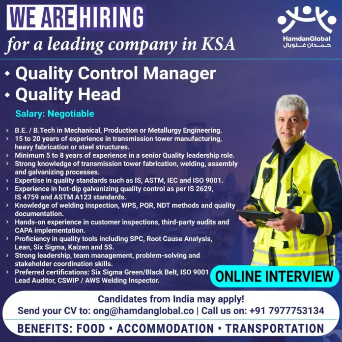 Quality Control Manager job opportunity in KSA
