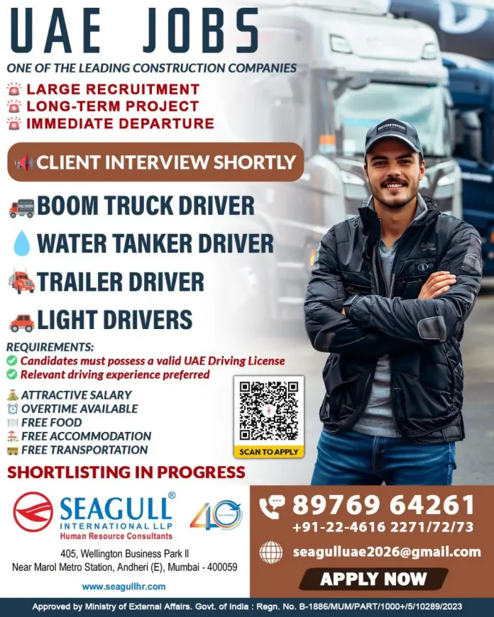 UAE construction driver recruitment flyer