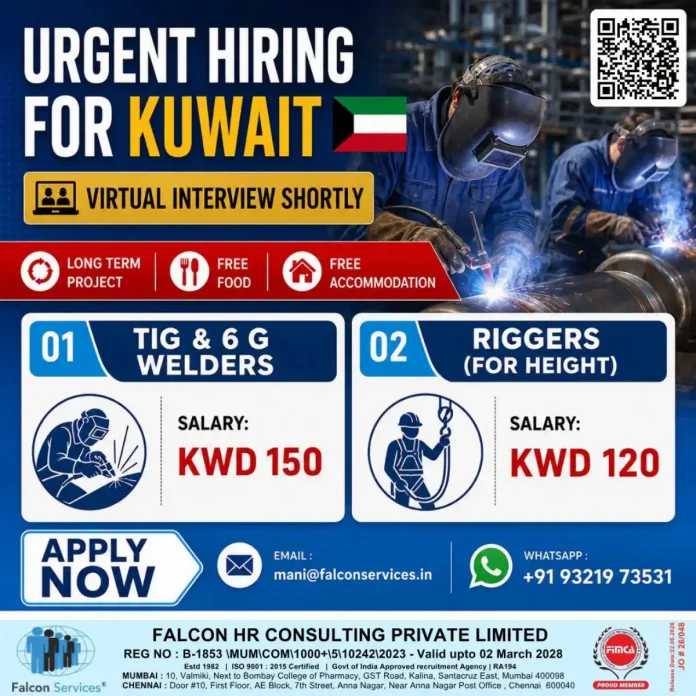 Falcon Services urgent hiring banner for Kuwait – TIG Welders and Riggers