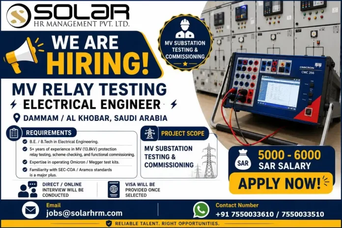 MV Relay Testing Electrical Engineer job in Saudi Arabia