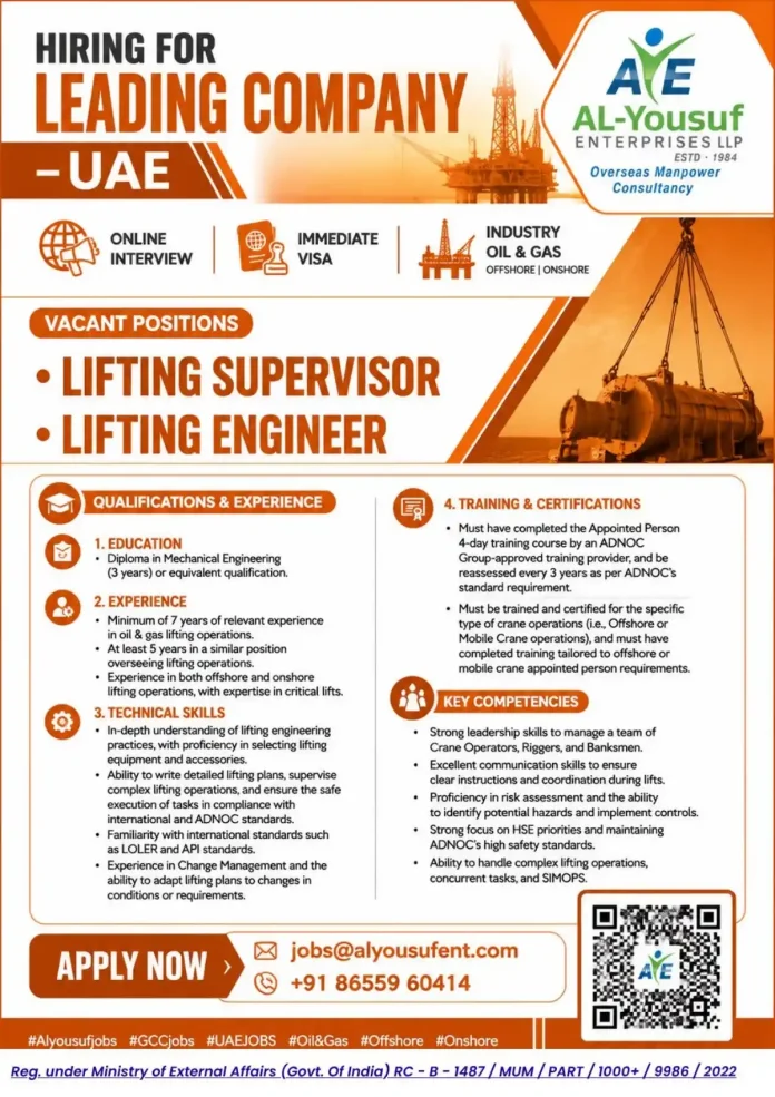 Lifting Supervisor and Lifting Engineer jobs in UAE Oil and Gas