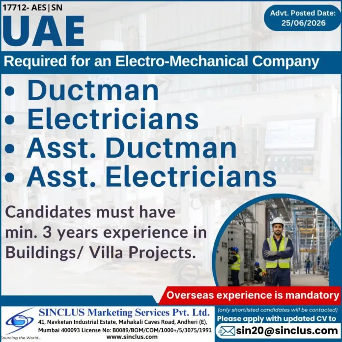 Ductman and Electrician job vacancy in UAE