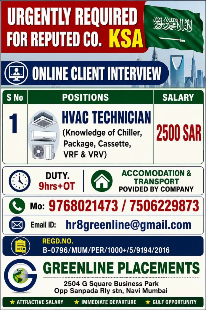 HVAC Technician job in KSA | Greenline Placements