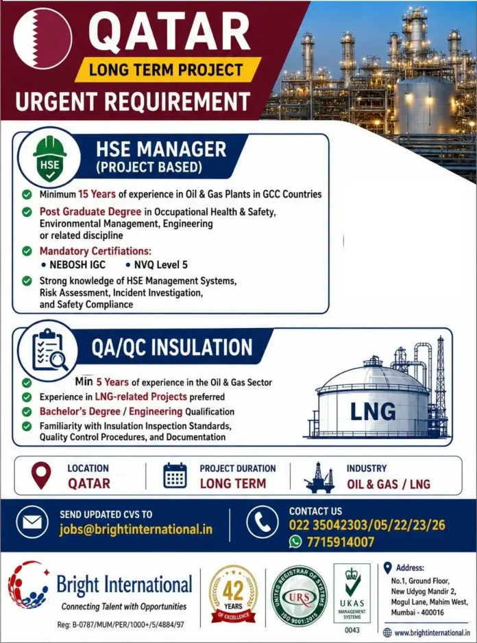 Bright International job posting for HSE Manager and QA/QC Insulation in Qatar