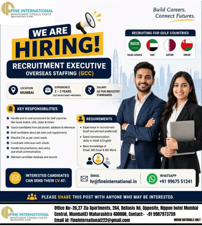 Fine International Manpower Consultants hiring Recruitment Executive for Gulf countries