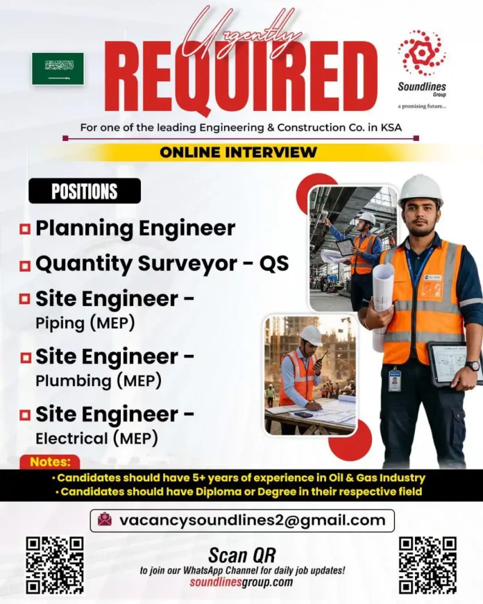Job opening poster for COOLCONCHAN engineering positions in Saudi Arabia via Soundlines Group