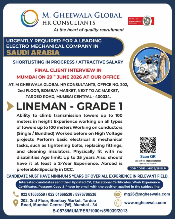 M Gheewala Global HR Consultants job posting for Lineman Grade 1 in Saudi Arabia