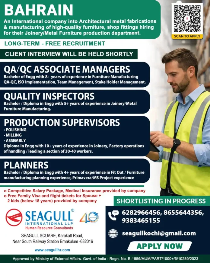 Furniture manufacturing jobs in Bahrain metal fabrication and joinery positions