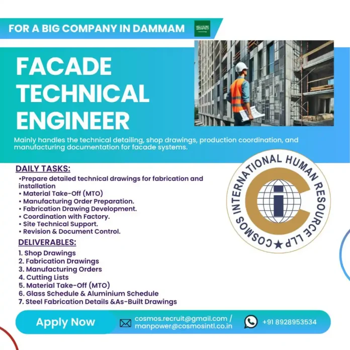 Facade Technical Engineer working on shop drawings for a commercial building in Dammam