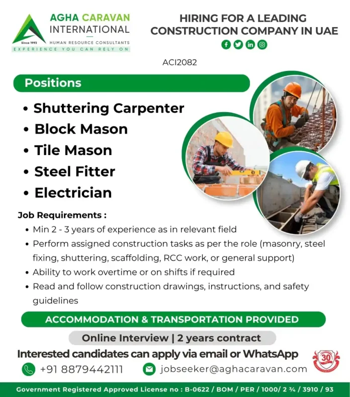 Agha Caravan HR Consultants hiring construction workers for UAE