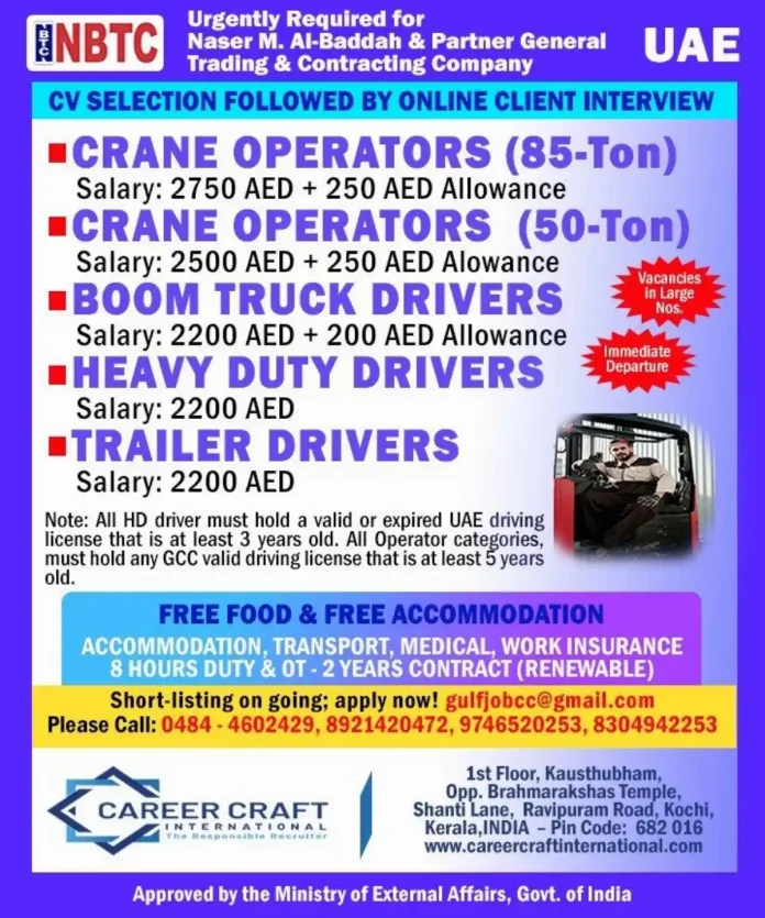 Crane operator and heavy driver jobs UAE with free accommodation