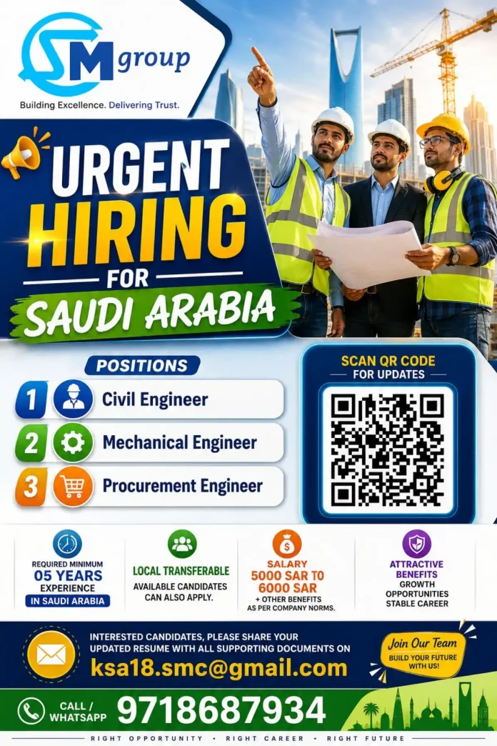 SM Group hiring engineers for Saudi Arabia urgent positions