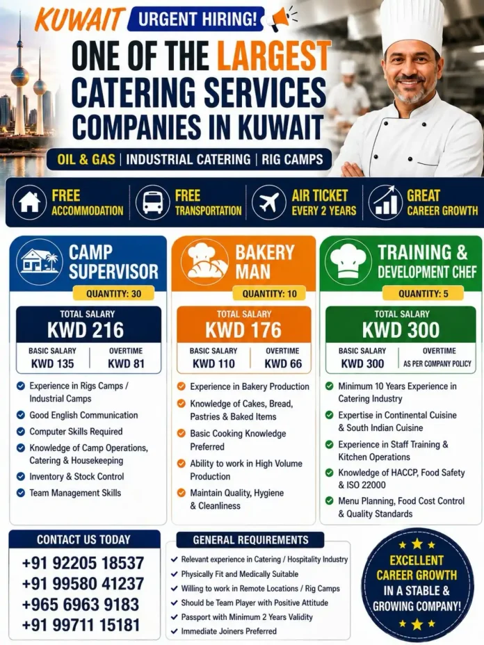Kuwait oil rig camp catering job opportunities
